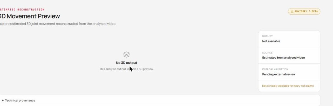 MITUS 3D Movement Preview — ADVISORY/BETA chip with clinical validation status